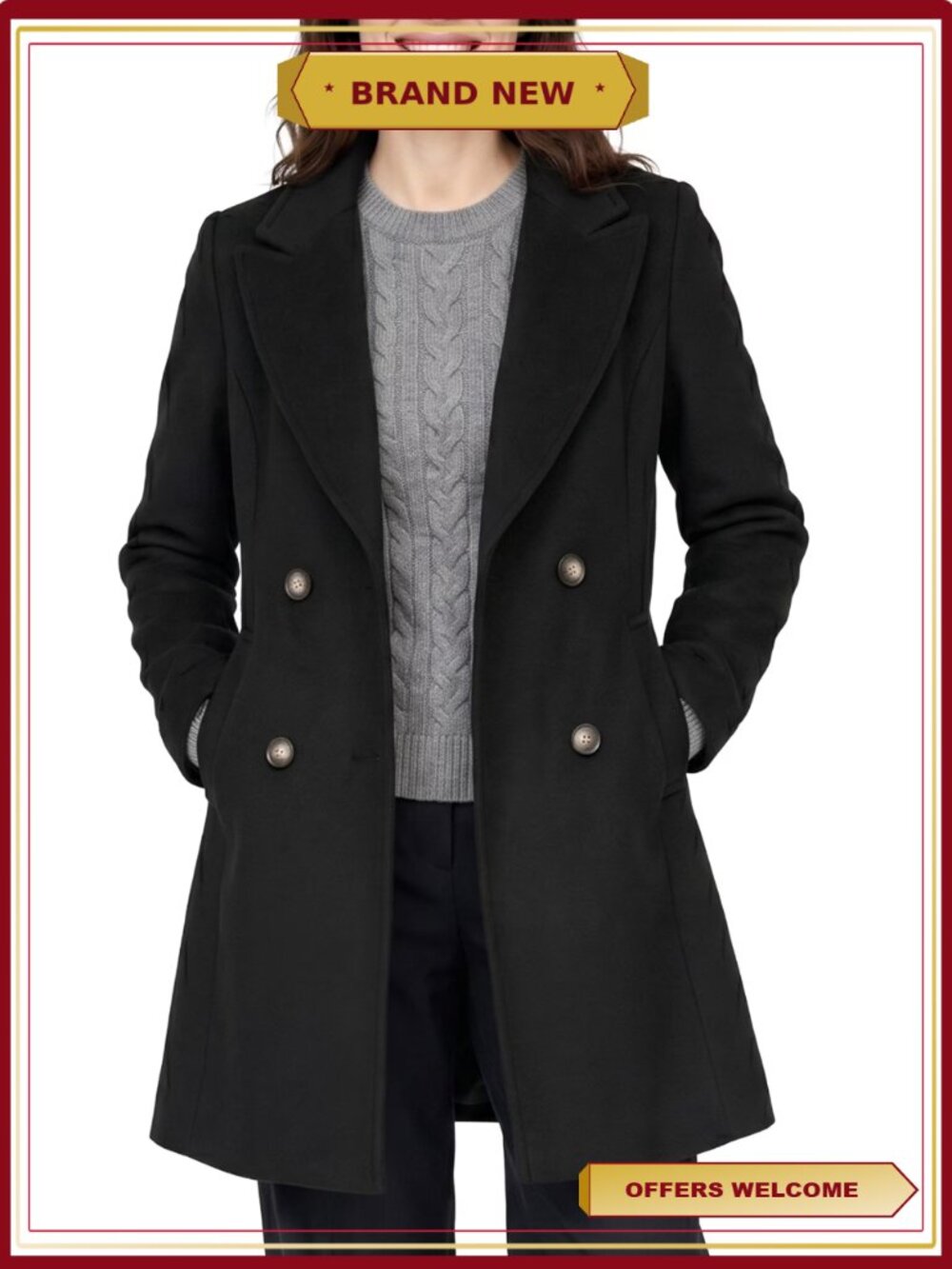 Double Breasted Peacoat Mid-Length Dress Coat Warm Winter Overcoat